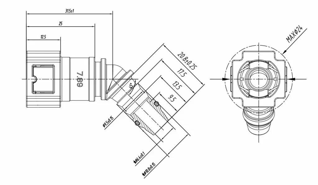 SAE J2044 Quick Connect Ø7.89 (5/16") OE Connect to 9.8mm 45°