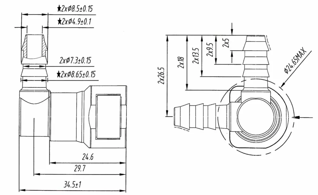 SAE J2044 Quick Connect Ø7.89 (5/16") Flat Tee 8mm 90°